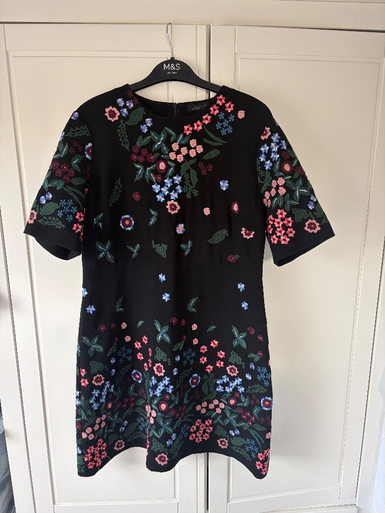 Zara Black Mini Dress, Size Large (UK 12) A-line Skirt, embroidered flowers