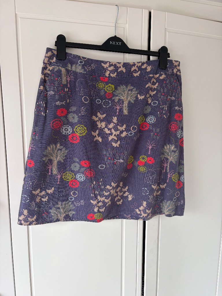 White Stuff Linen Blend Skirt Size 14 Grey/lilac Floral Elephant Print A-Line