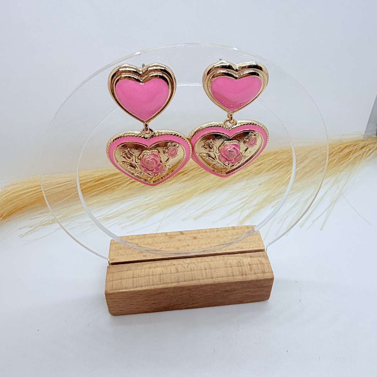 Pink Rose Heart Earrings | Gold Tone Romantic Coquette Statement Earrings