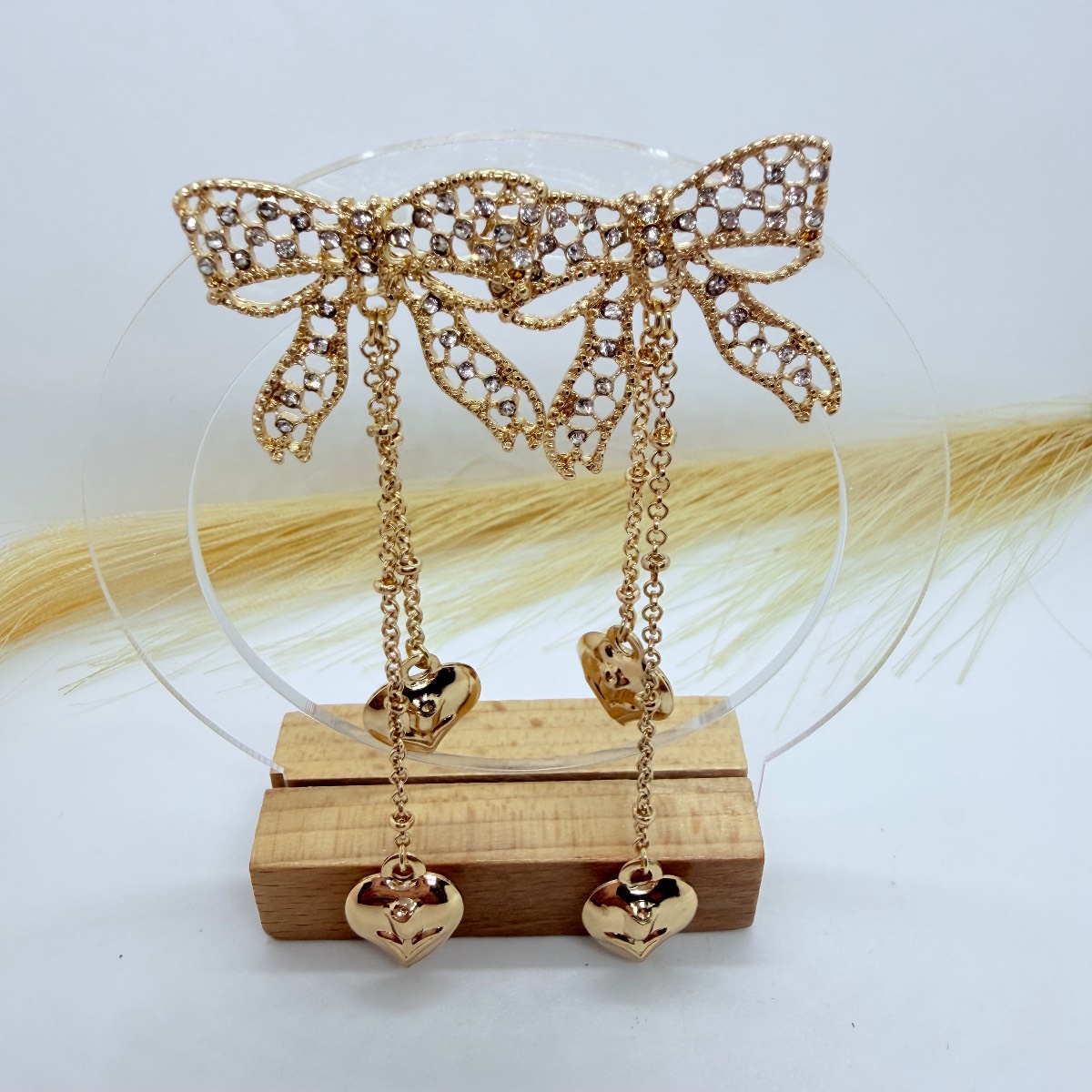 Vintage Style Gold Bow & Heart Drop Earrings | Sparkly Statement Jewellery