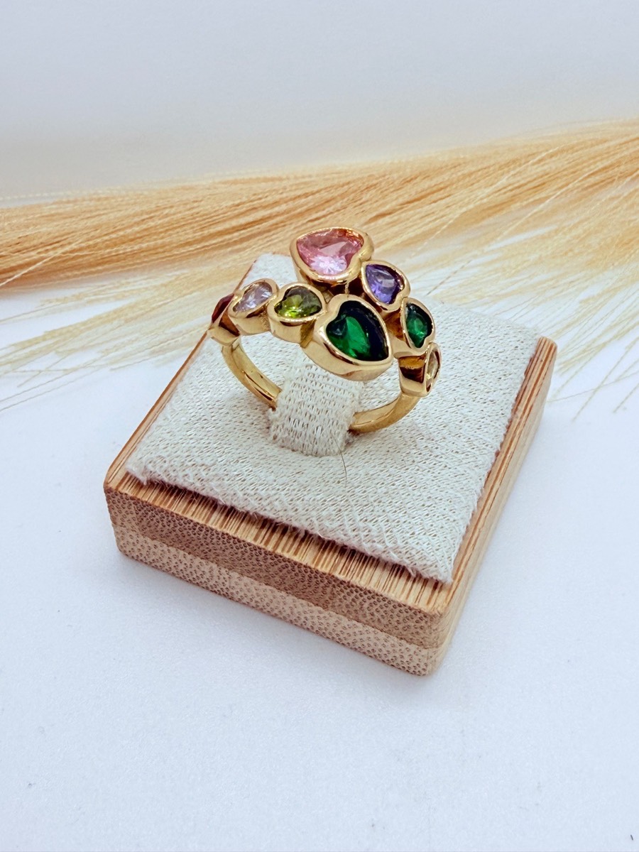 Gold Adjustable Heart Ring with Multicolour Crystal Gemstones – Pink Green Purple Statement Fashion