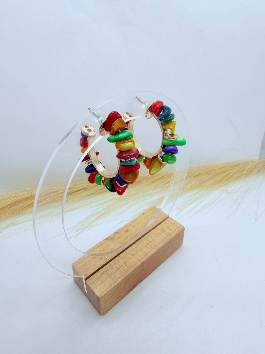 Rainbow Colourful Stone Hoop Earrings Gold Tone Boho Statement Earrings