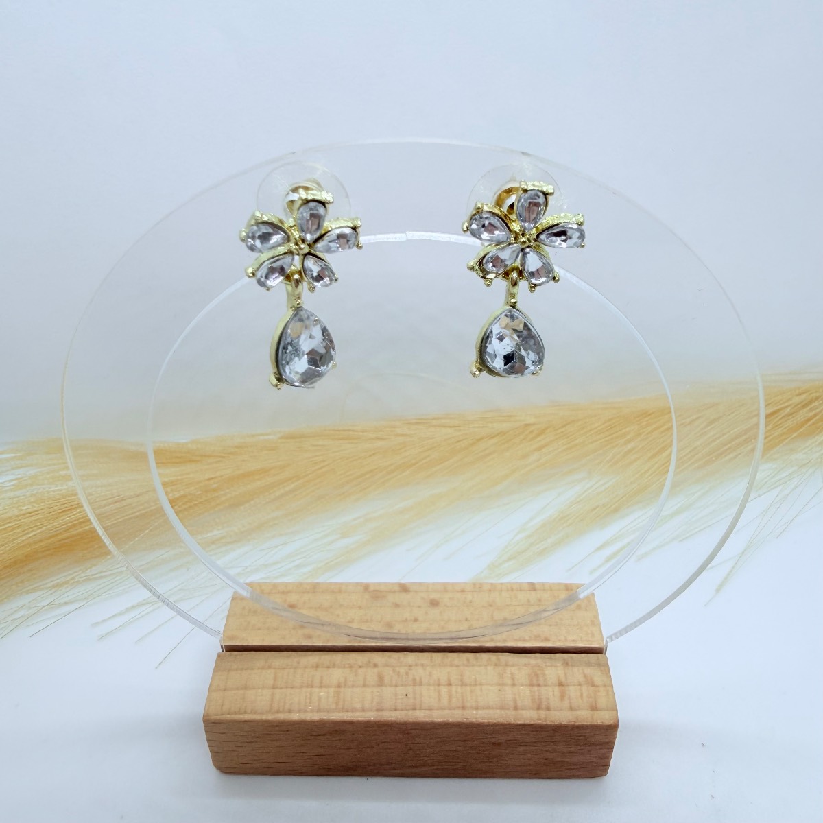 Elegant Crystal Flower Drop Earrings Gold Tone Statement Jewellery