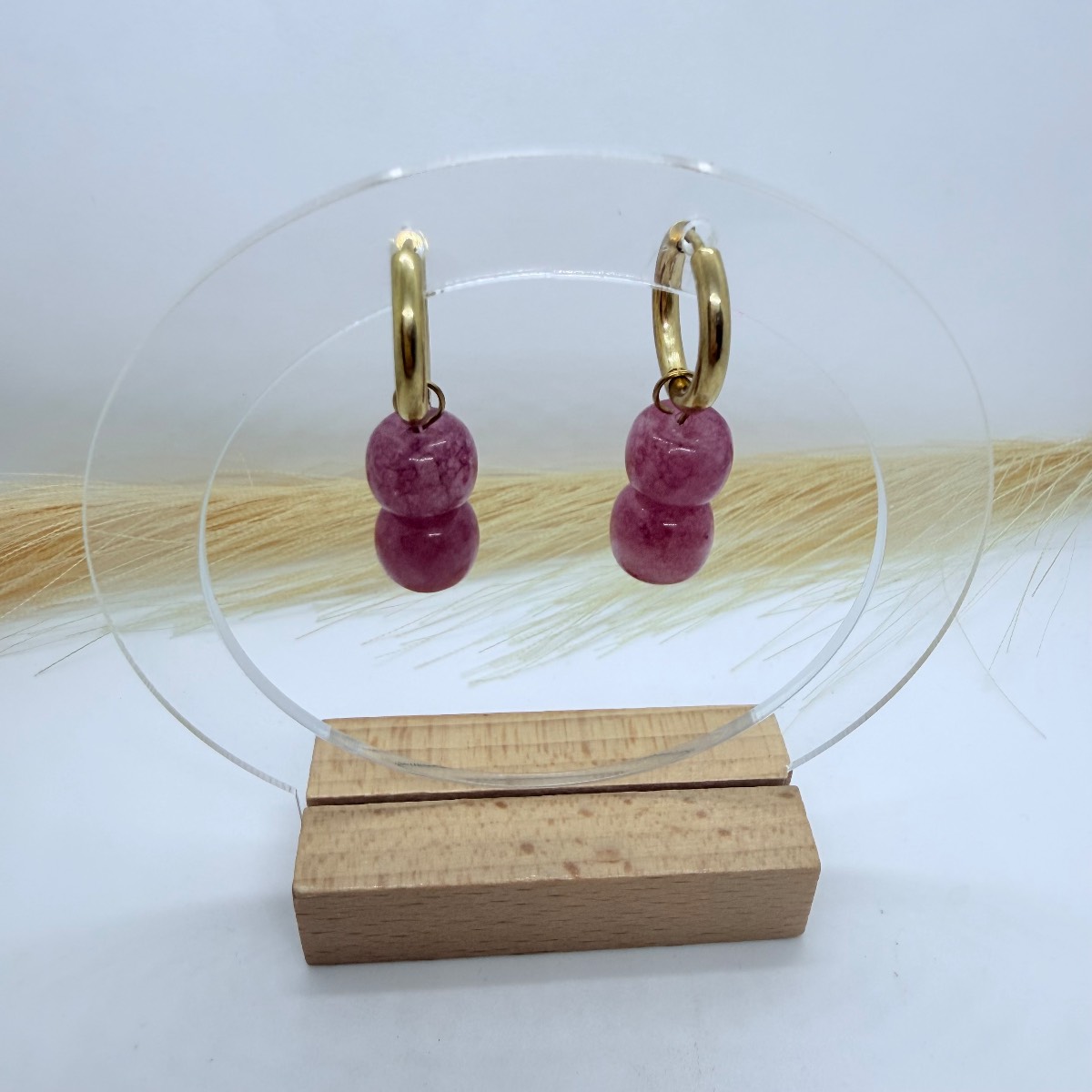 Gold Hoop Earrings with Pink Stone Beads Minimalist Stainless Steel Jewellery