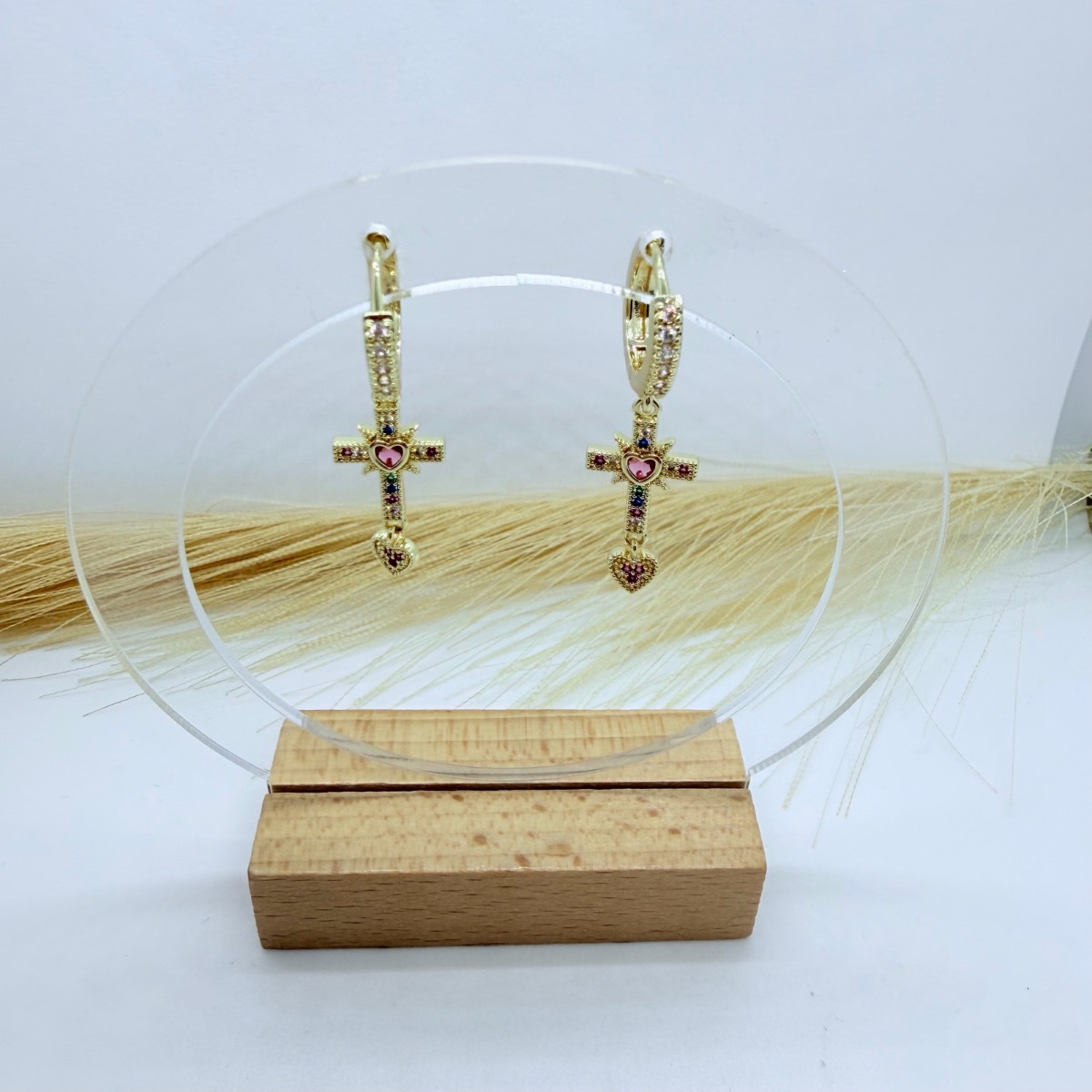 Gold Cross Hoop Earrings with Pink Heart