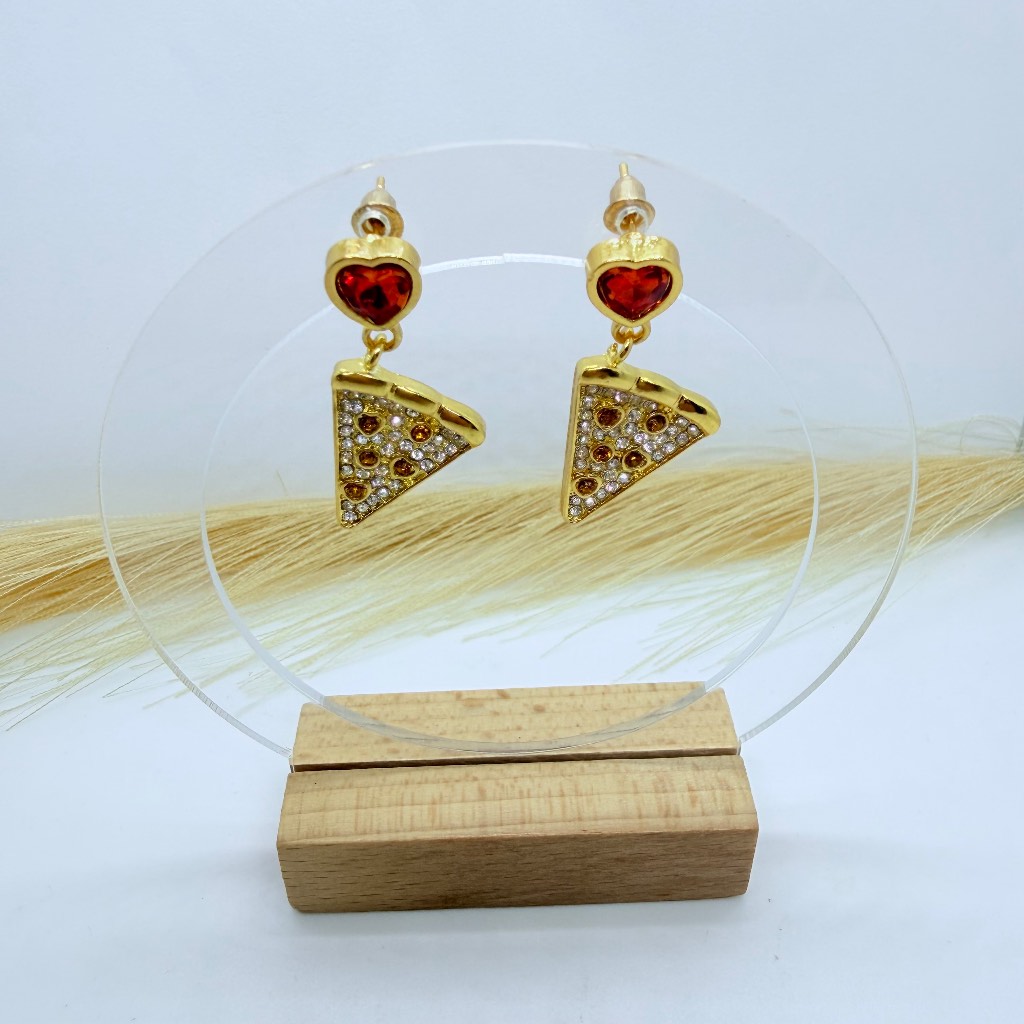 Gold Pizza Slice & Red Heart Crystal Drop Earrings