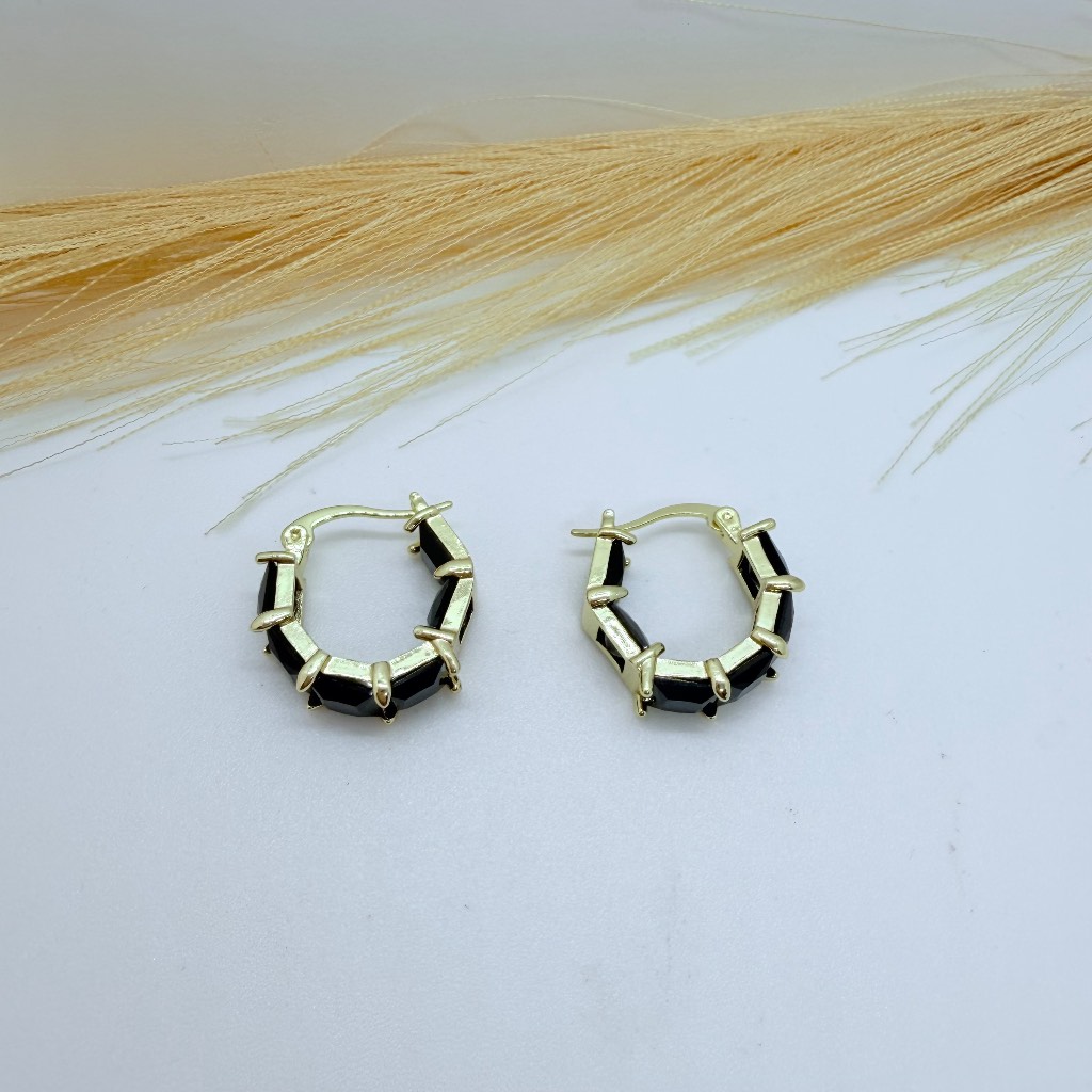 Black Faceted Crystal Hoop Earrings Gold Tone Glam Fashion Jewellery