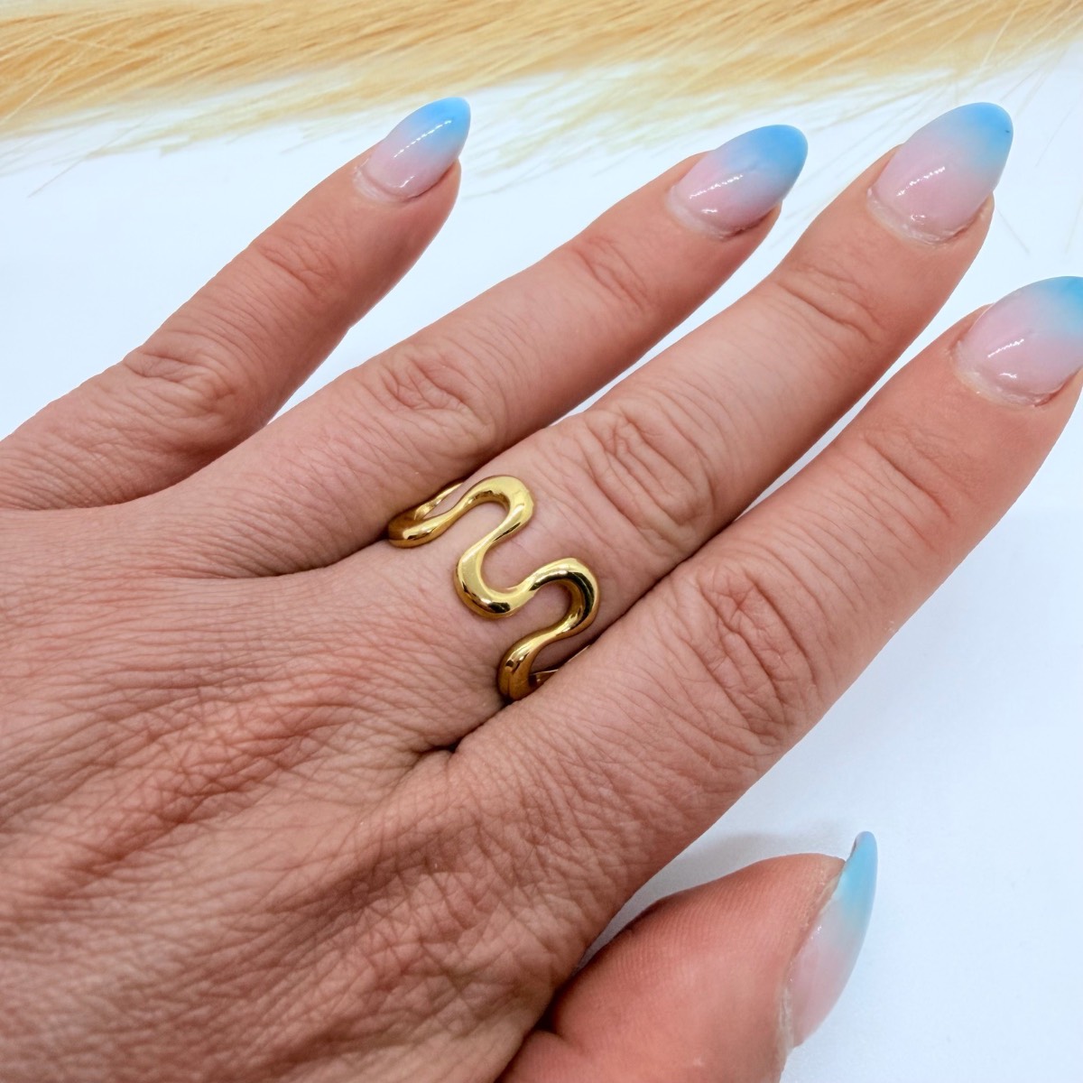 Gold Tone Adjustable Wave Ring Minimalist Open Statement Band