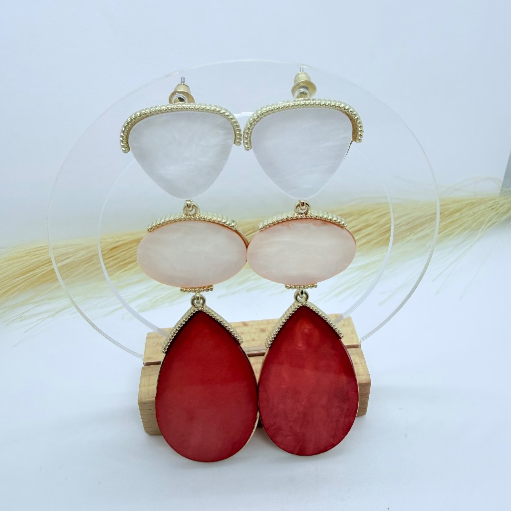 Red Pink White Statement Drop Earrings Gold Tone Dangle Earrings