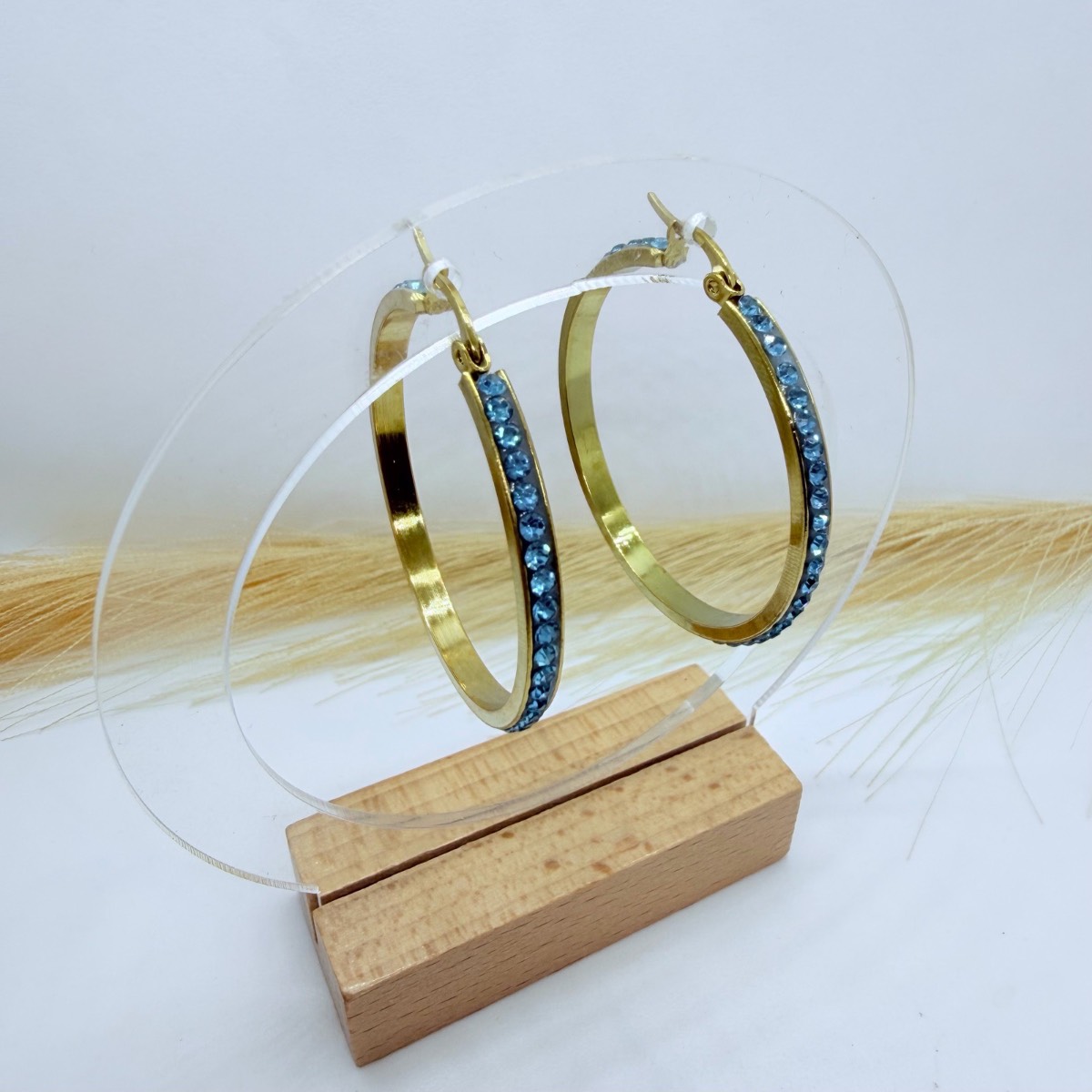 Gold Hoop Earrings with Blue Crystal Rhinestones Elegant Statement Fashion Jewellery