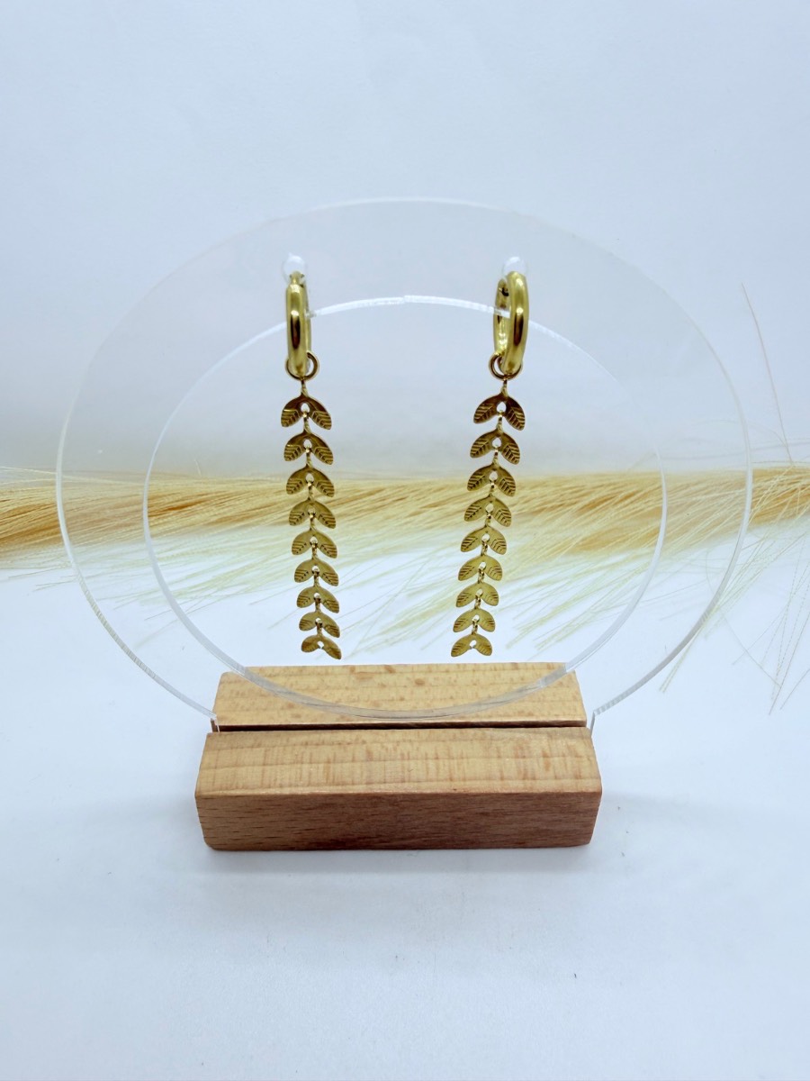Gold Leaf Tassel Drop Hoop Earrings Stainless Steel Dangle Earrings