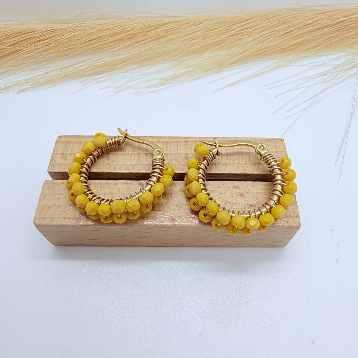 Mustard Yellow Beaded Hoop Earrings Gold Tone Bohemian Handmade Style Statement Jewellery