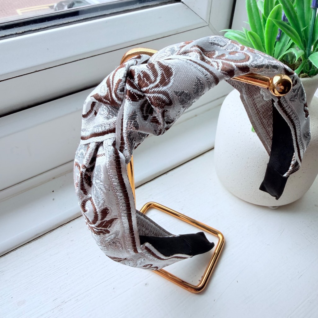 Luxury Satin Knot Headband Beige Brown Floral Jacquard Wide Hair Band Elegant Hair Accessory