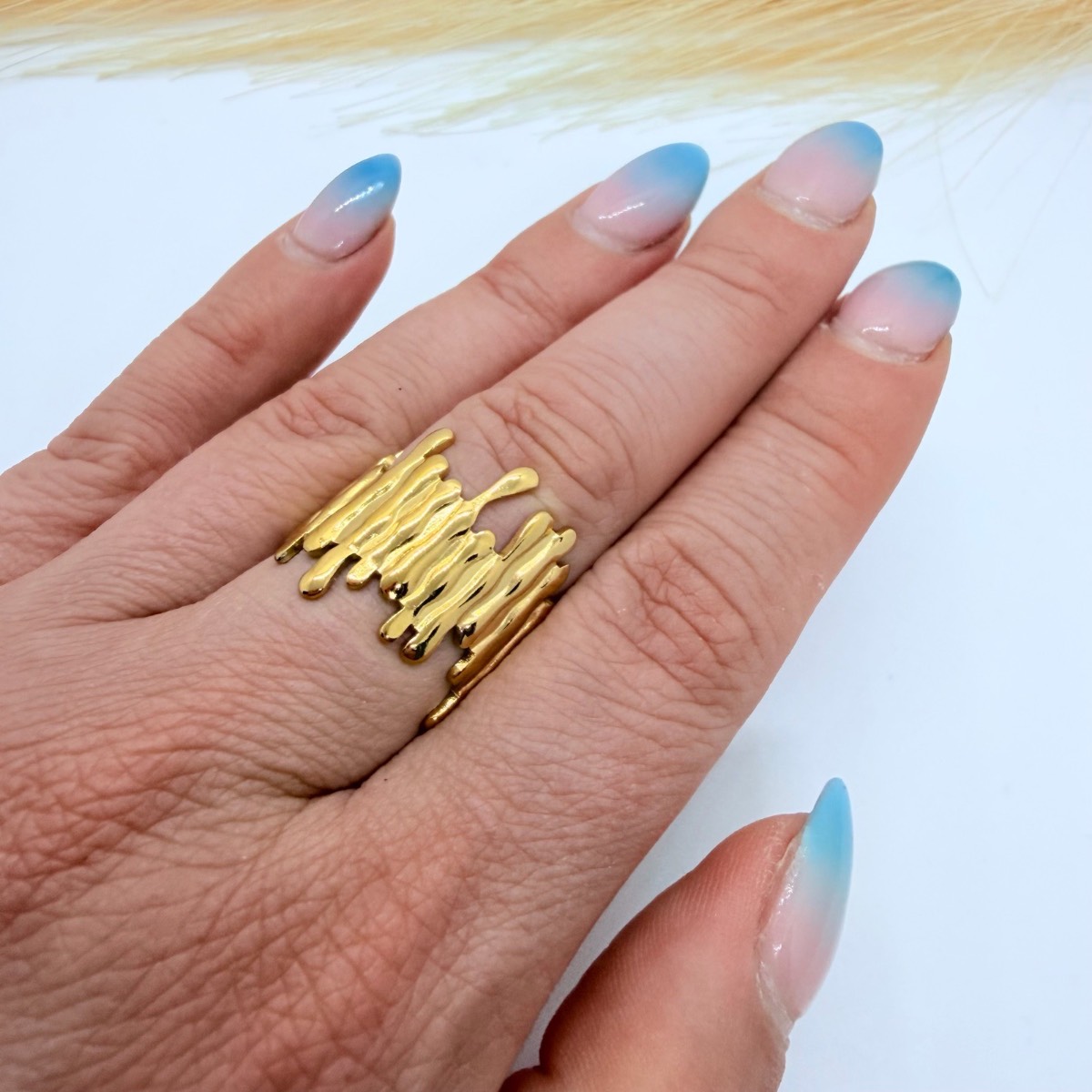 Gold Adjustable Wide Textured Statement Ring Chunky Fashion Jewellery