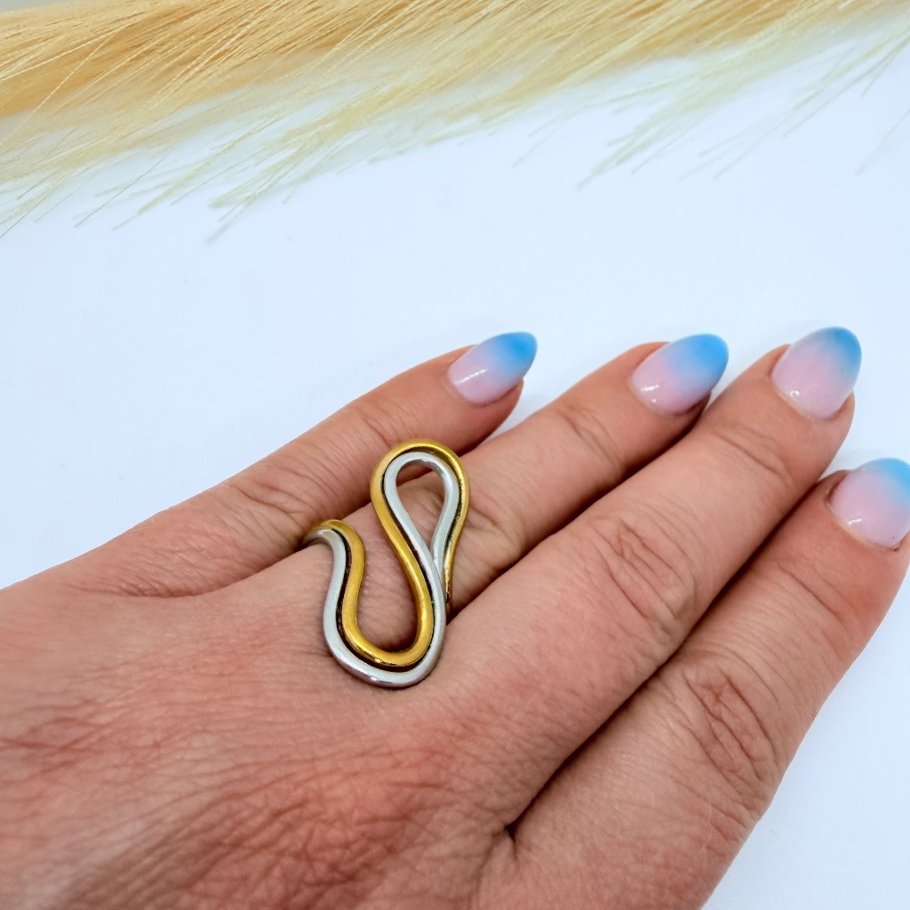 Abstract Gold & Silver Double Loop Statement Ring