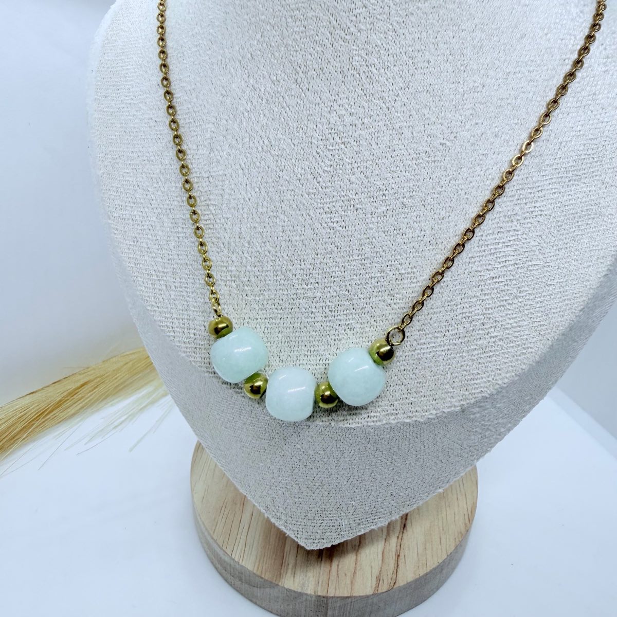 Gold Tone Green Bead Necklace Minimalist Elegant Fashion Jewellery Gift for Her