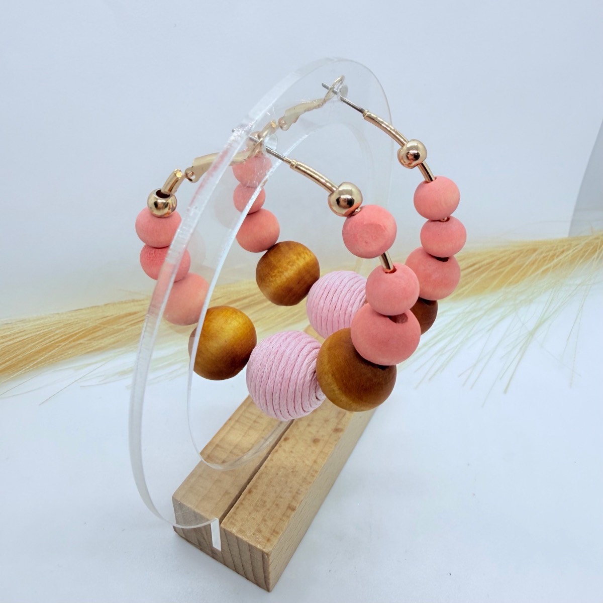 Boho Wooden Bead Hoop Earrings in Pink & Natural Wood | Lightweight Statement Jewellery