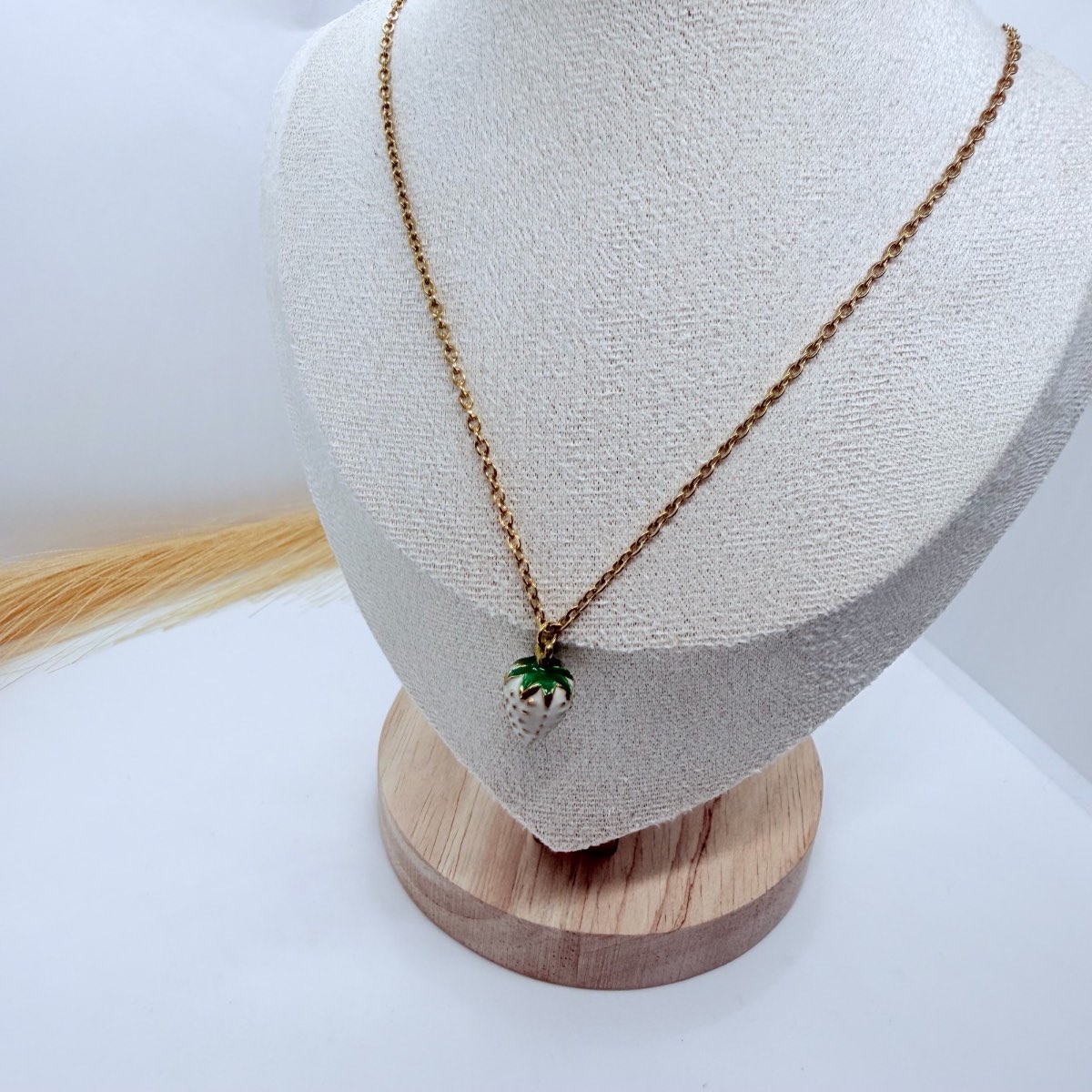 Gold Tone Strawberry Pendant Necklace White Enamel Fruit Charm