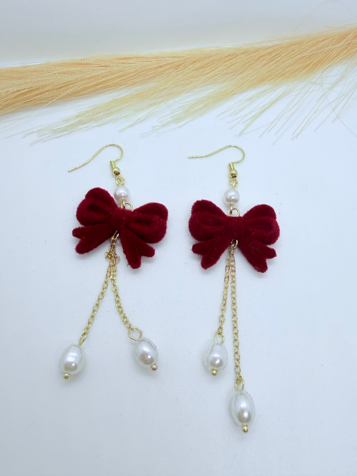 Burgundy Velvet Bow Pearl Drop Earrings Gold Tone Long Dangle Statement Jewellery