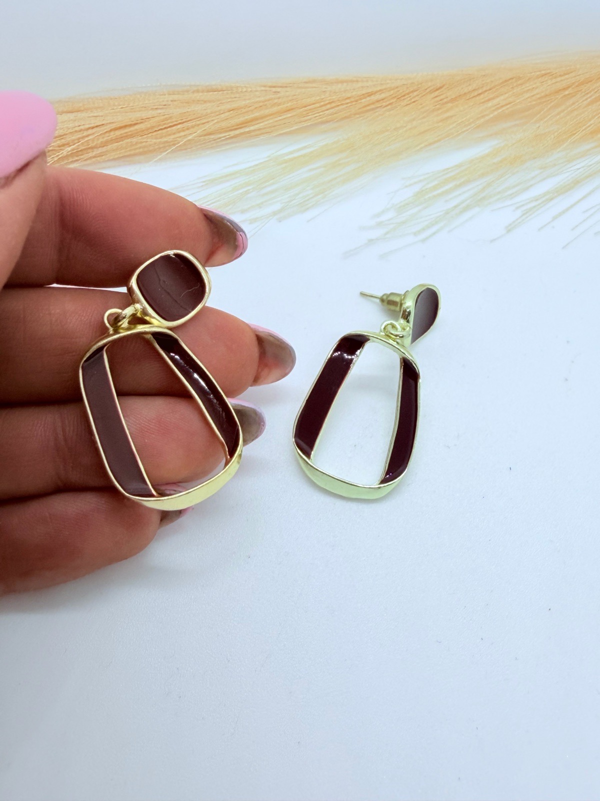 Gold Tone Burgundy Enamel Geometric Drop Earrings – Statement Jewellery