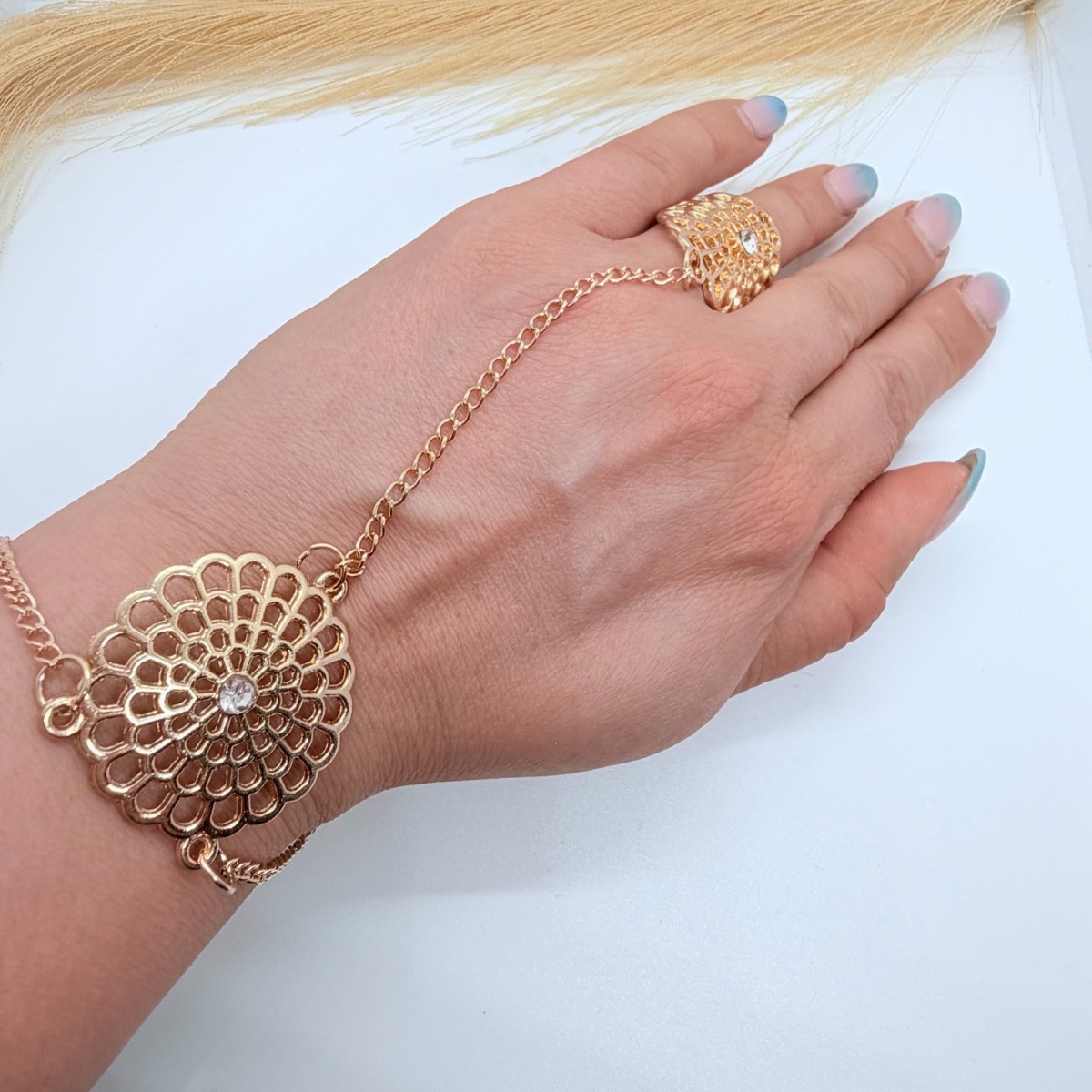 Gold Floral Hand Chain Bracelet Ring Adjustable Crystal Boho Statement Jewellery