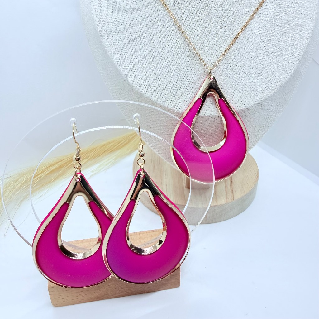Pink Teardrop Necklace & Earrings Matching Jewellery Set
