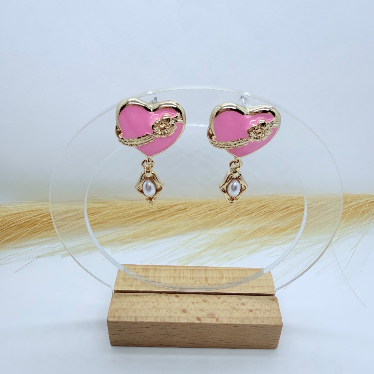 Pink Heart Pearl Drop Earrings Gold Tone Romantic Floral Studs