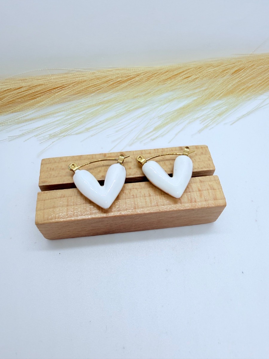 Gold White Heart Hoop Earrings