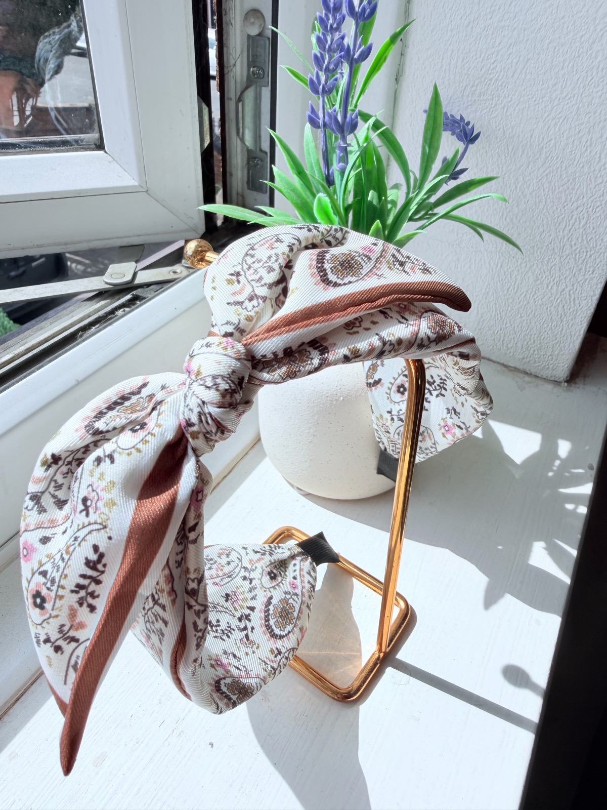 Floral Paisley Headband Pink Brown Vintage Style Bow Hair Accessory Women Girls
