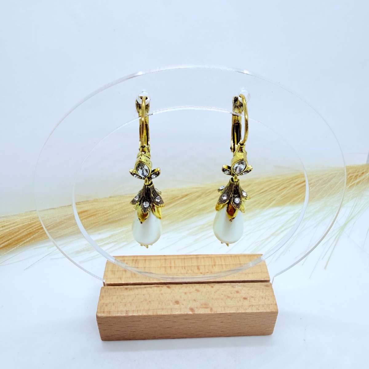 Vintage Inspired Gold Tone Faux Pearl Drop Earrings with Crystal Details | Elegant Jewellery