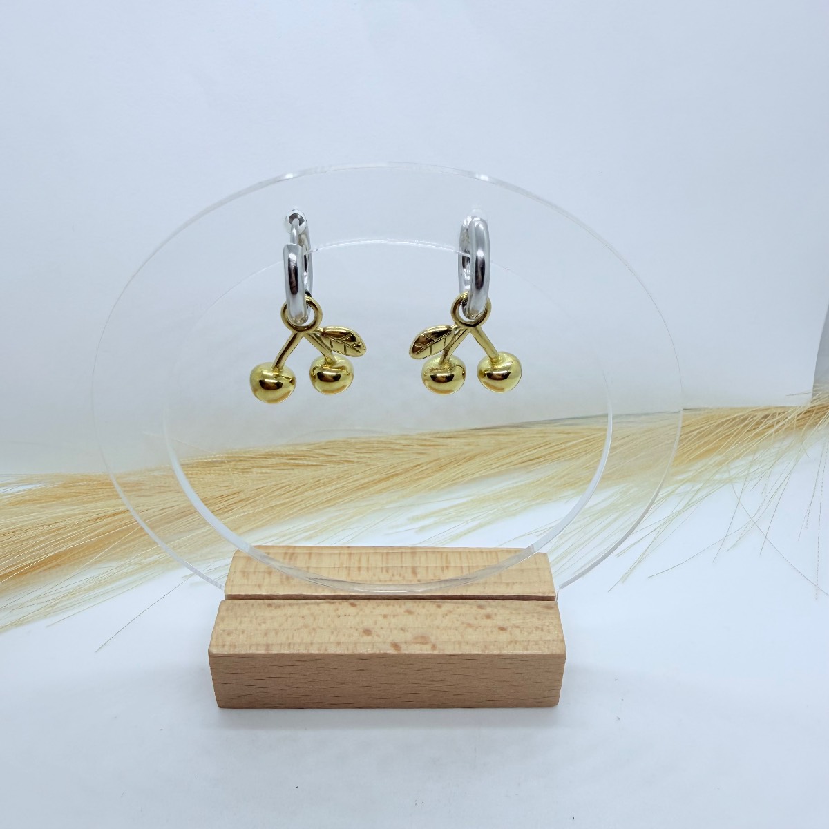 Gold & Silver Cherry Hoop Earrings Cute Dangle Fruit Charm Stainless Steel