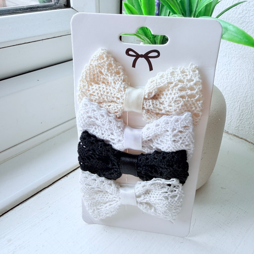 Set of 4 Lace Hair Bows Clips Vintage Cottagecore Coquette Hair Accessories Black White Cream