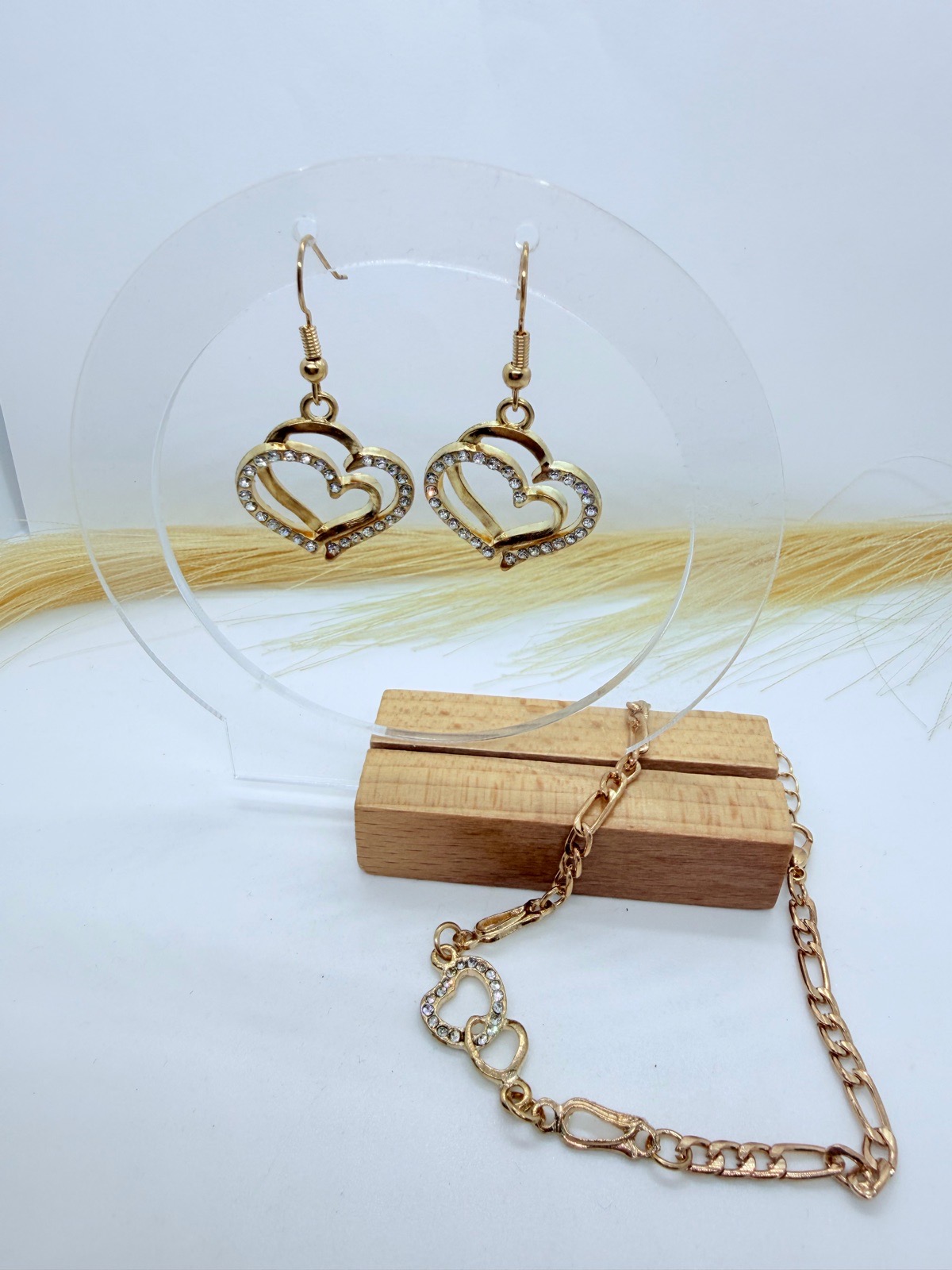 Gold Tone Heart Crystal Earrings & Matching Bracelet – Jewellery Set