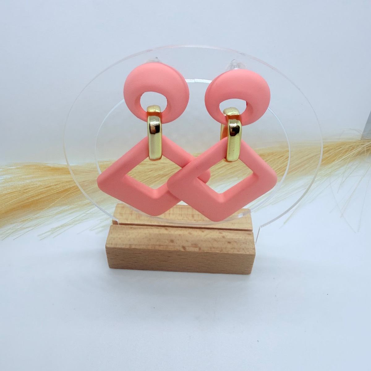 Pink Geometric Statement Earrings Square Drop Gold Tone Fashion Jewellery