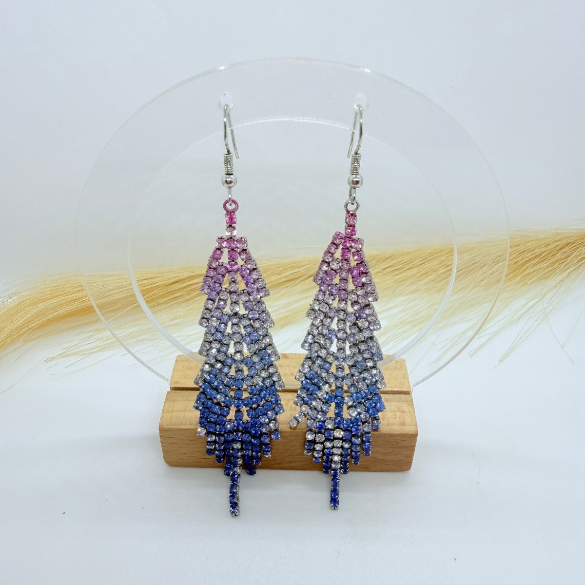 Pink Blue Ombre Crystal Tassel Earrings | Sparkly Rhinestone Drop Earrings