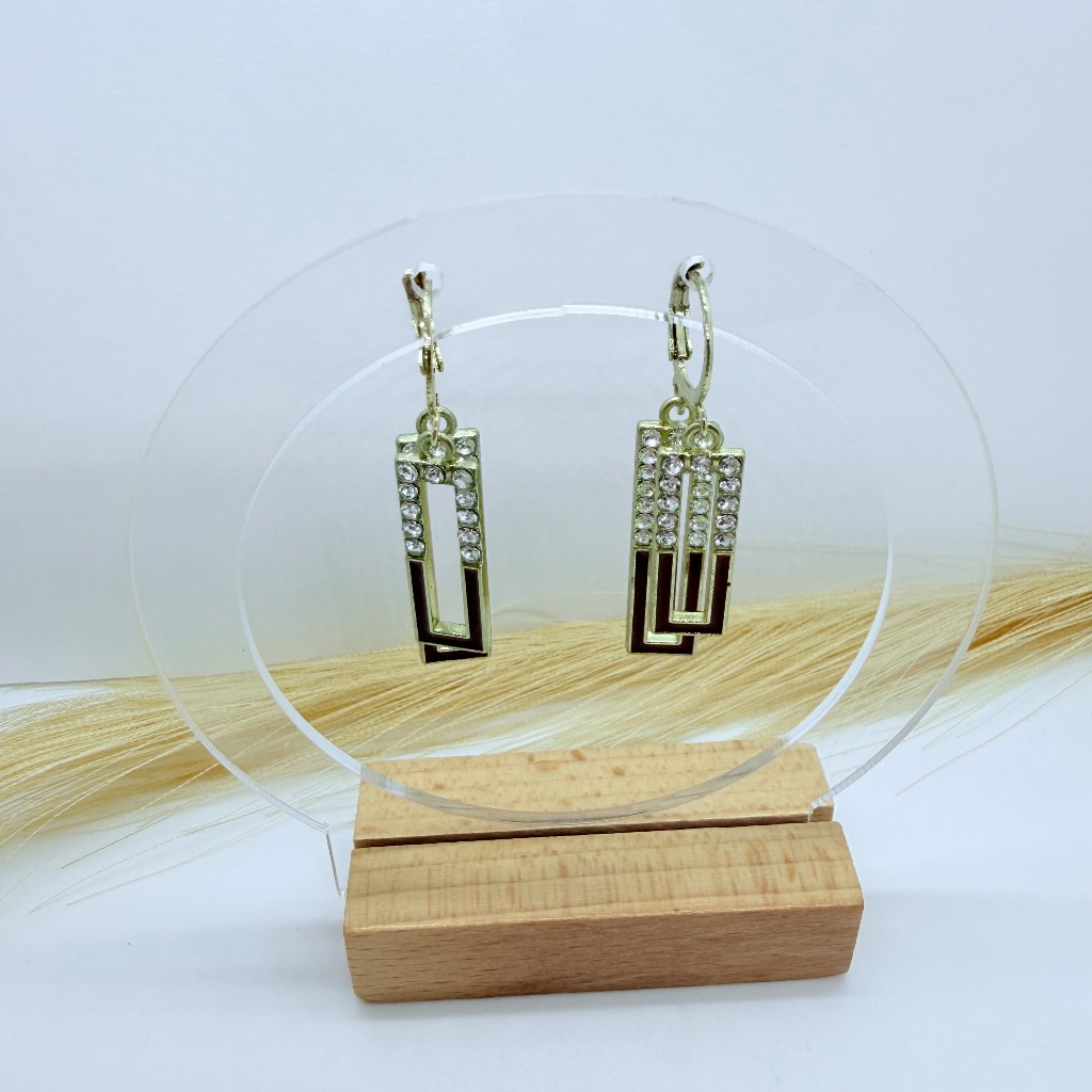 Geometric Crystal & Black Enamel Drop Earrings Gold Tone