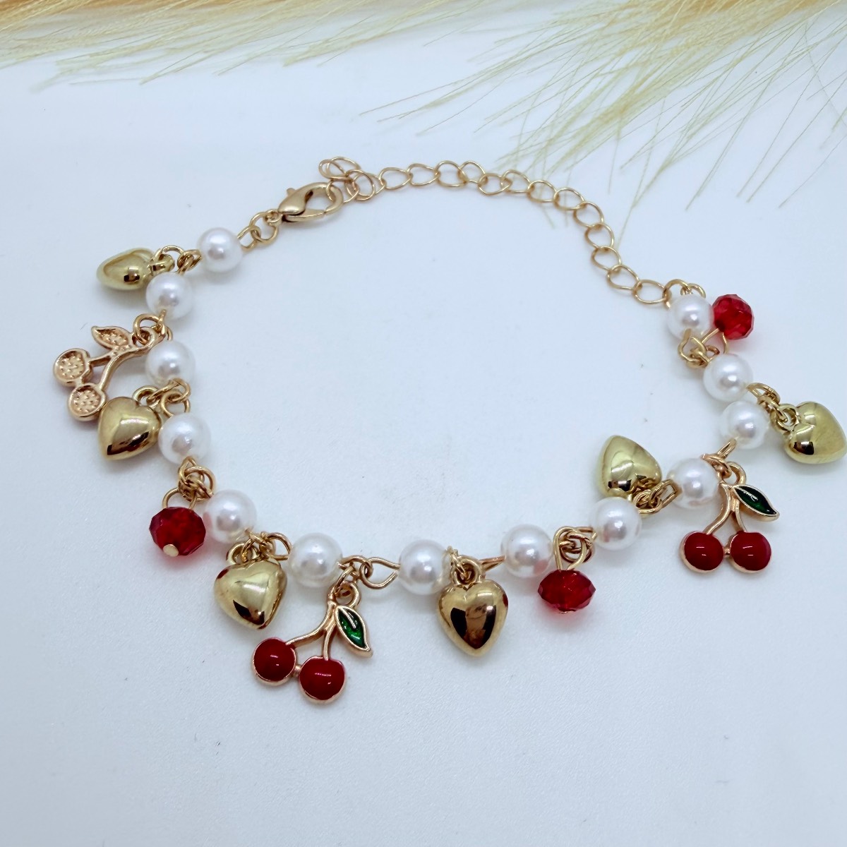 Cute Cherry Pearl Charm Bracelet Gold Tone Adjustable Gift For Her