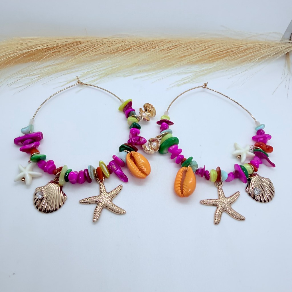 Colourful Beach Charm Hoop Earrings with Starfish & Shells