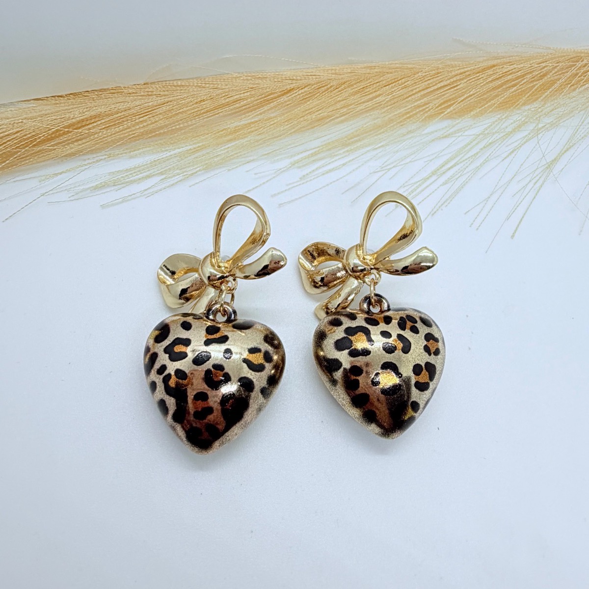 Gold Tone Bow Earrings with Leopard Print Heart Charms | Cute Statement Jewellery