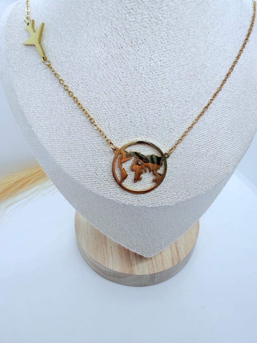 Gold World Map Pendant Necklace Stainless Steel Travel Lover Gift for Women