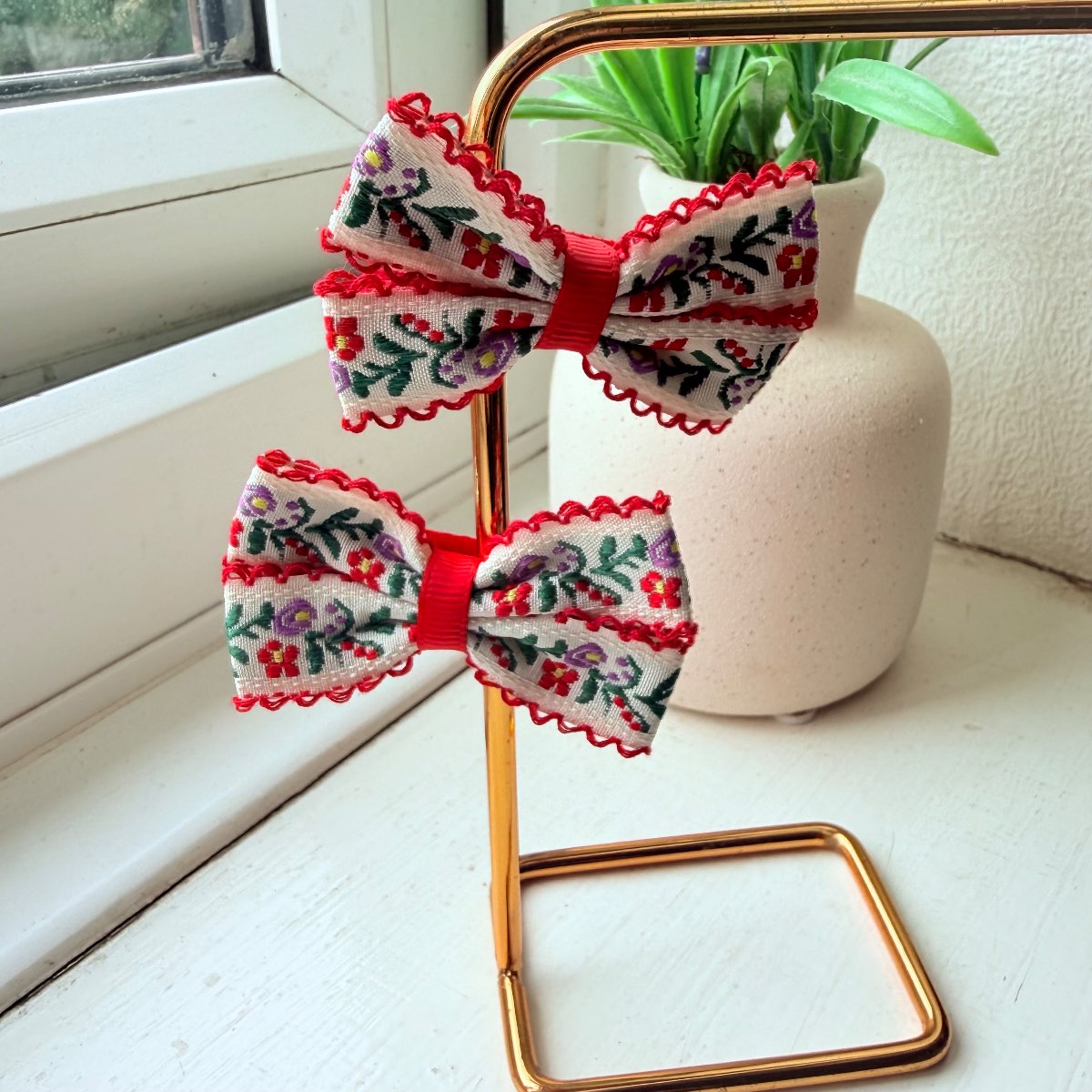 Floral Folk Hair Bow Clips Embroidered Red Ribbon Handmade Style Hair Accessories