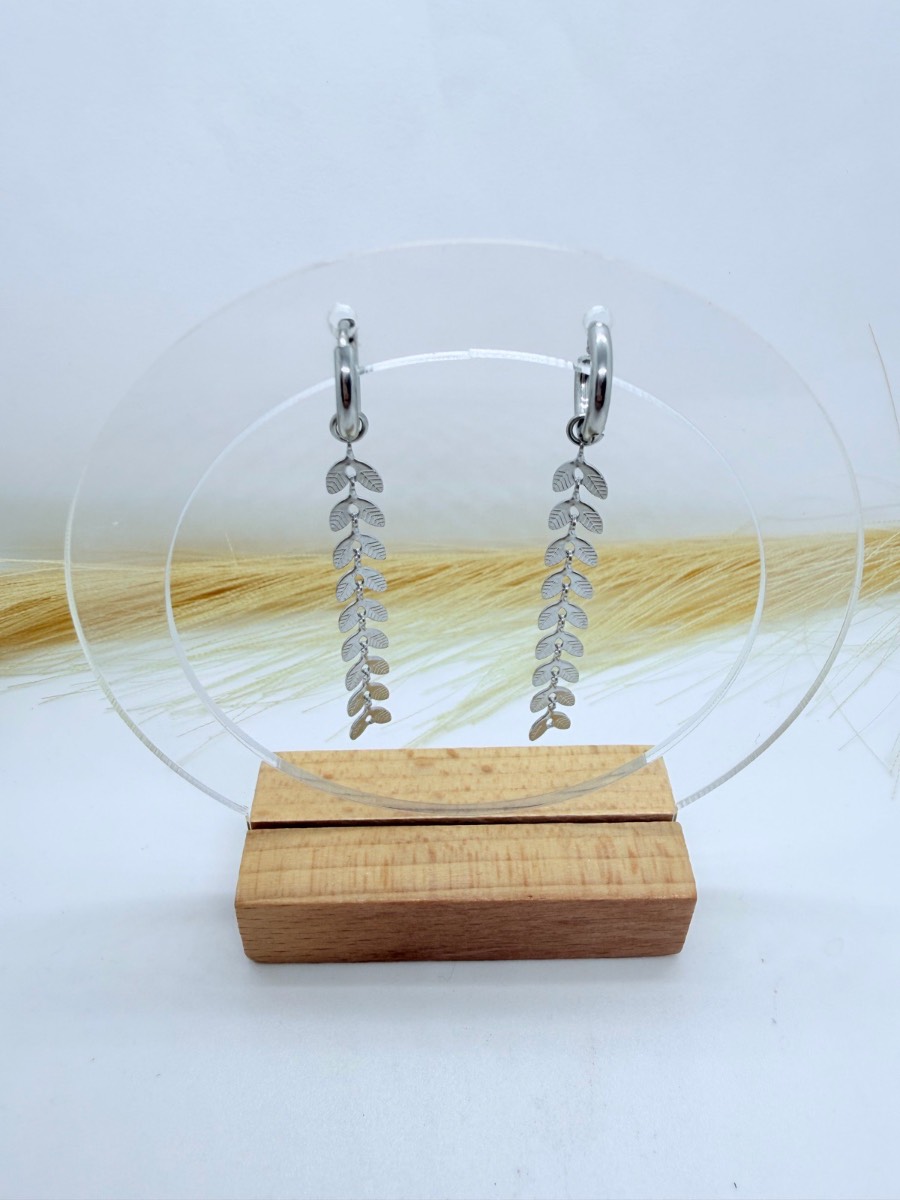 Silver Leaf Tassel Drop Hoop Earrings Stainless Steel Dangle Earrings