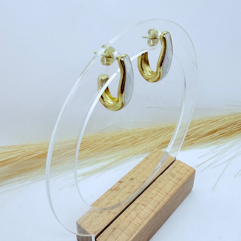 Modern Gold Tone & White Hoop Earrings Stainless steel