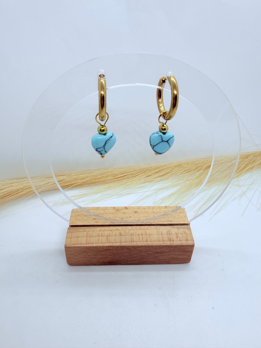 Gold Stainless Steel Hoop Earrings with Turquoise Heart Charms