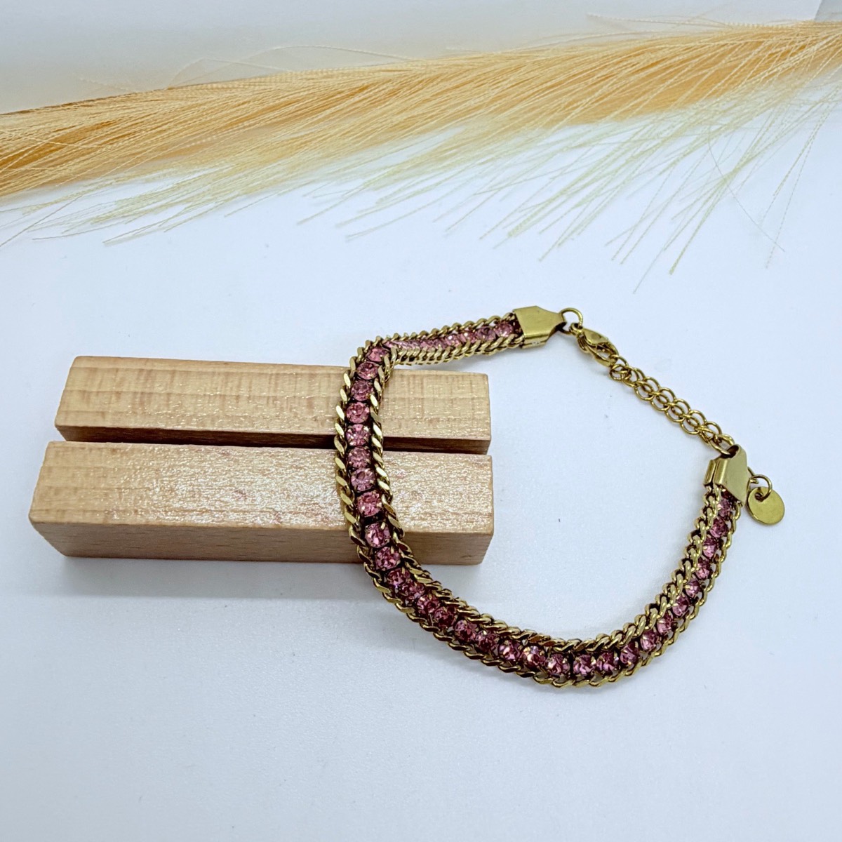 Elegant Gold Tone Bracelet with Pink Crystal Stones | Adjustable Fashion Jewellery | Gift for Her