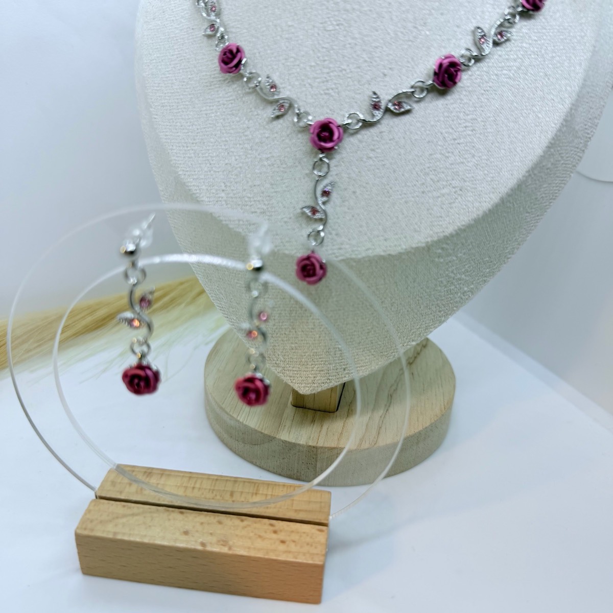 Pink Rose Floral Crystal Necklace & Earrings Set Elegant Women’s Jewellery