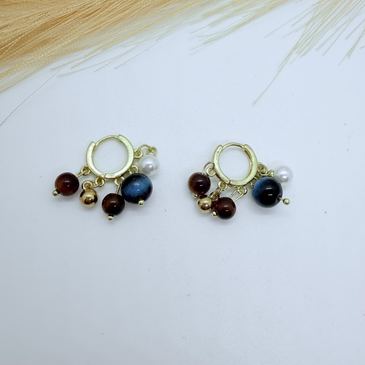 Gold Hoop Earrings with Blue Brown and Pearl Charms Boho Dangle Earrings