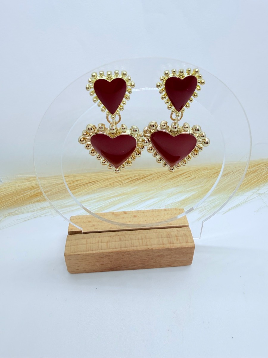 Gold Red Double Heart Drop Earrings