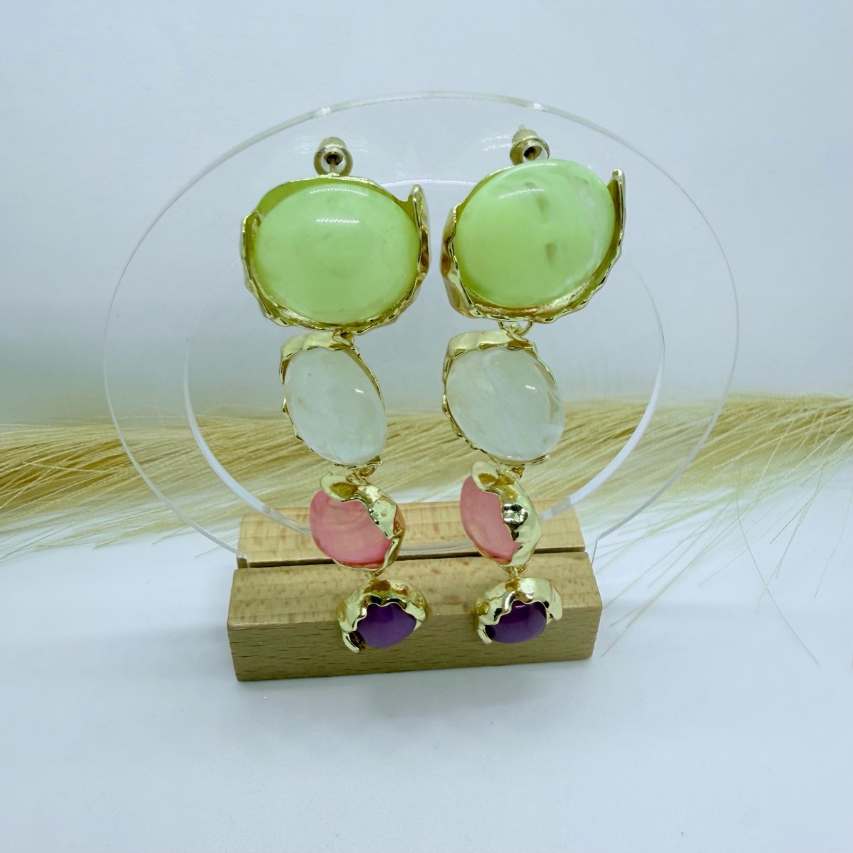 Gold Tone Multicolour Resin Drop Statement Earrings Green Pink Purple