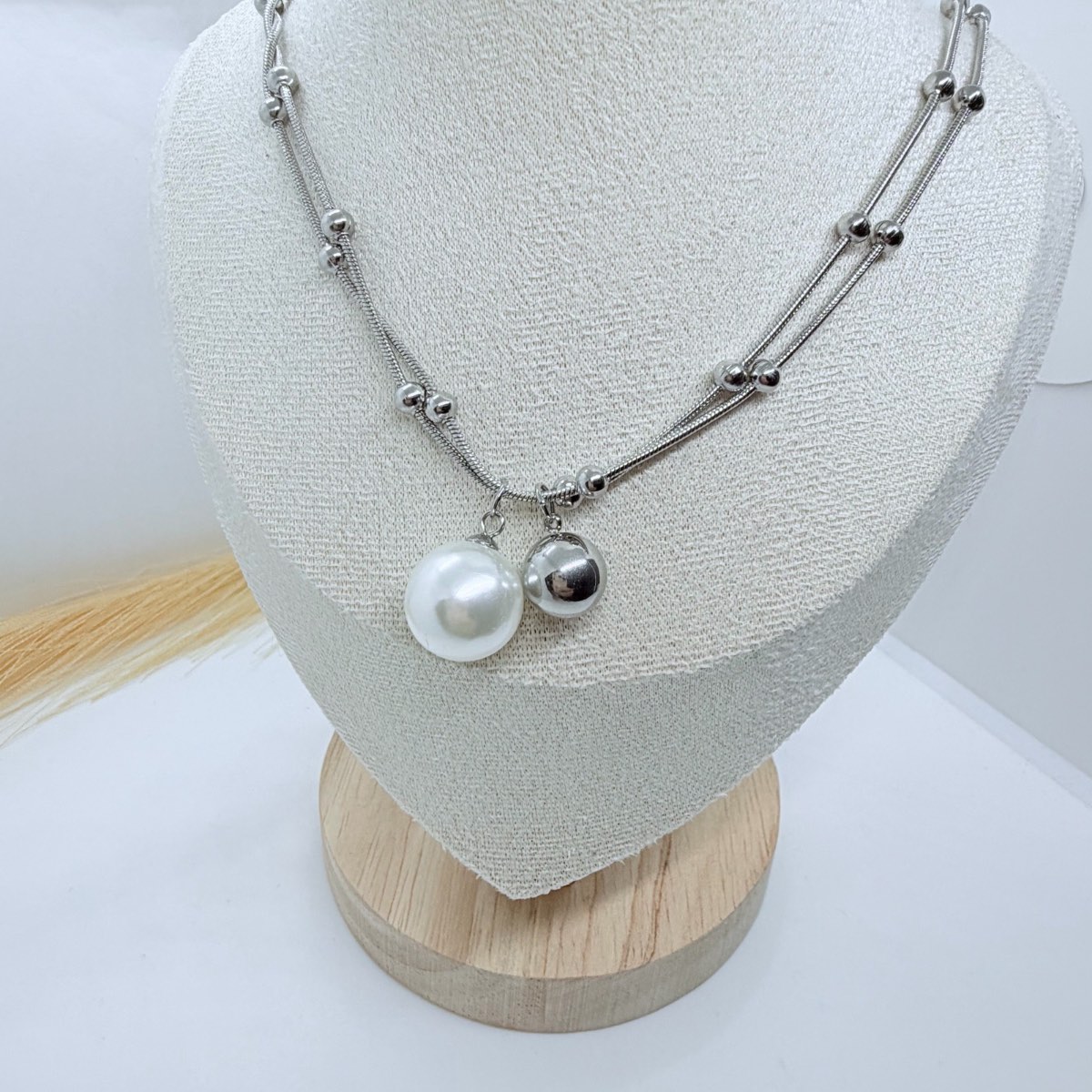 Silver Layered Necklace Pearl Ball Pendant Elegant Chain Jewellery